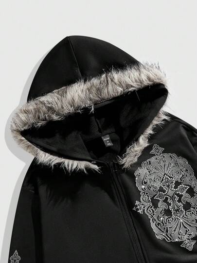 ROMWE MEN Grunge Punk بلوزة هودي للرجال طويلة الأكمام مطبوع عليها صليب مع سحاب أمامي