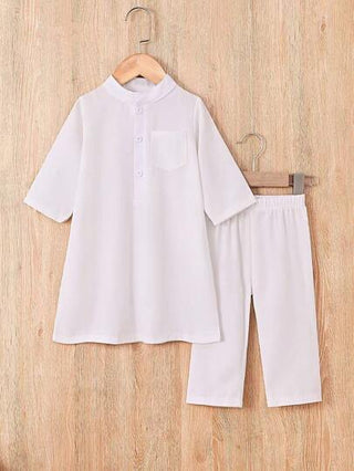 2 طقم أطفال صبي، قميص فتحة رقبة نصفية باللون الأبيض النقي وبنطال طويل مناسب للاحتفال بالعيد، مناسب للارتداء اليومي، للعب خارجي، للمدرسة، للإجازة - جذاب، مناسب للوقت العائلي، الرياضة والاجتماعات