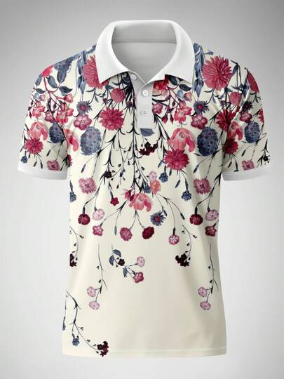 قميص بولو كاجوال بأكمام قصيرة للرجال بطبعة زهرية عتيقة