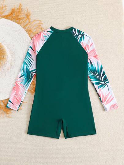 SHEIN بدلة سباحة بأكمام طويلة وسحاب أمامي بطباعة الأناناس والأوراق المدارية لفتيات المراهقات، للسباحة الصيفية والشاطئ