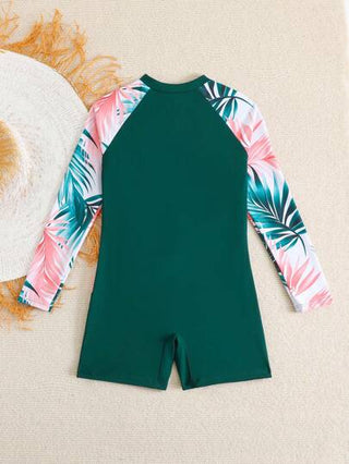 SHEIN بدلة سباحة بأكمام طويلة وسحاب أمامي بطباعة الأناناس والأوراق المدارية لفتيات المراهقات، للسباحة الصيفية والشاطئ