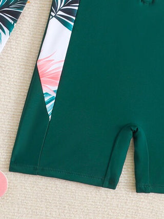 SHEIN بدلة سباحة بأكمام طويلة وسحاب أمامي بطباعة الأناناس والأوراق المدارية لفتيات المراهقات، للسباحة الصيفية والشاطئ