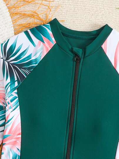 SHEIN بدلة سباحة بأكمام طويلة وسحاب أمامي بطباعة الأناناس والأوراق المدارية لفتيات المراهقات، للسباحة الصيفية والشاطئ