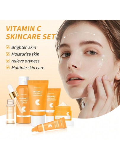 lakerain مجموعة العناية بالبشرة بفيتامين سي، مجموعة مكونة من 6 قطع تشمل المنظف والتونر والسيروم وكريم العين وكريم الوجه وواقي الشمس، عميقة الترطيب، تبييض البقع و علامات حب الشباب تدريجيًا