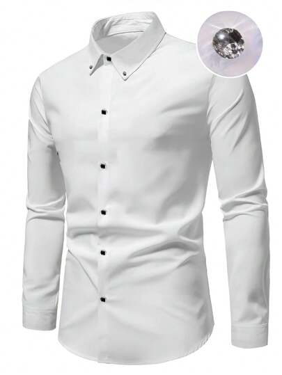 قميص رسمي للرجال بلون أحادي مع تزيين من الراين ستون أمامي وأزرار - قابل للتنفس لكافة المواسم