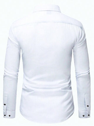 قميص رسمي للرجال بلون أحادي مع تزيين من الراين ستون أمامي وأزرار - قابل للتنفس لكافة المواسم