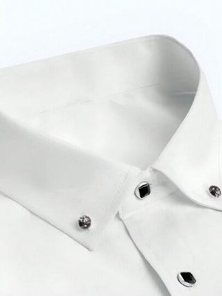 قميص رسمي للرجال بلون أحادي مع تزيين من الراين ستون أمامي وأزرار - قابل للتنفس لكافة المواسم
