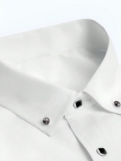 قميص رسمي للرجال بلون أحادي مع تزيين من الراين ستون أمامي وأزرار - قابل للتنفس لكافة المواسم