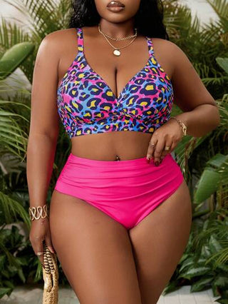 Slaydiva بكيني مقاس كبير للنساء قطعتين ، طبعة فهد ملونة للأعلى وأسفل وردي، مناسب للاستخدام في المسبح والشاطئ والمنتجعات، للإجازة الصيفية