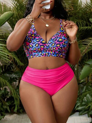 Slaydiva بكيني مقاس كبير للنساء قطعتين ، طبعة فهد ملونة للأعلى وأسفل وردي، مناسب للاستخدام في المسبح والشاطئ والمنتجعات، للإجازة الصيفية