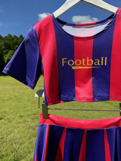 مايوه حريمي قطعة واحدة بدلة رياضية نسائية جذابة لجماهير كأس العالم لكرة القدم، طقم ملابس علوية كتل لوني مخطط بأكمام قصيرة وتنورة قصيرة