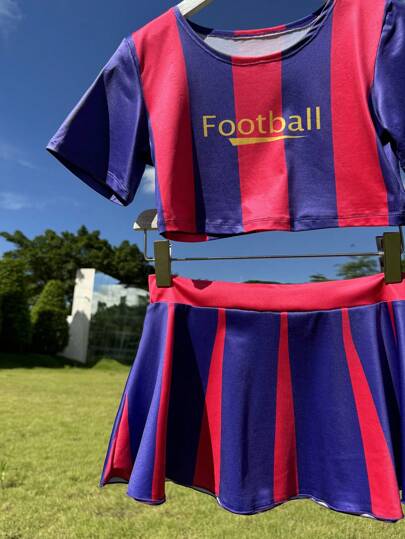 مايوه حريمي قطعة واحدة بدلة رياضية نسائية جذابة لجماهير كأس العالم لكرة القدم، طقم ملابس علوية كتل لوني مخطط بأكمام قصيرة وتنورة قصيرة