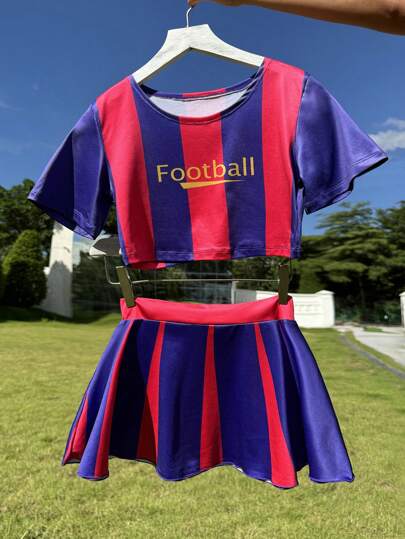 مايوه حريمي قطعة واحدة بدلة رياضية نسائية جذابة لجماهير كأس العالم لكرة القدم، طقم ملابس علوية كتل لوني مخطط بأكمام قصيرة وتنورة قصيرة