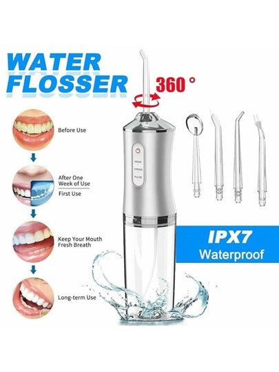 ماكينة تنظيف الأسنان بالماء ذات 3 وضعيات، أداة تنظيف الأسنان اللاسلكية بدون سلك مع 4 رؤوس، مقاوم للماء بدرجة IPX7، قابل للشحن والحمل، بطارية قوية للسفر والمنزل والسيارة وللجبائر والجسور
