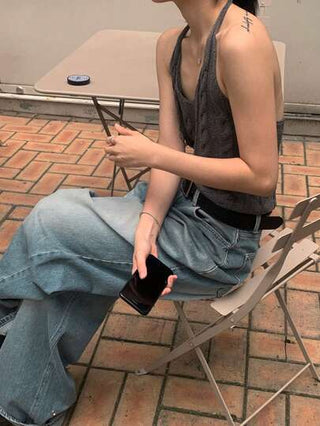 DAZY جينز سترييت بارتداء فضفاض مشوه مغسول للنساء، بنطلون جينز واسع