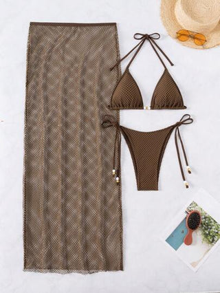 طقم تانكيني حريمي Swim SXY طقم أنثوي من 3 قطع للشاطئ: خزان علوي ذو حمالات رفيعة وظهر مكشوف بزخرفة اللؤلؤ ذي لون أحادي, وتنورة شفافة مربوطة بجانب للشاطئ, بكيني صيفي للعطلة