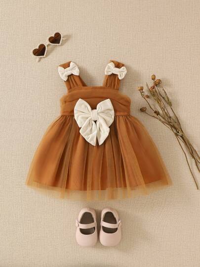 فساتين بيبي فستان أميرة ذو بنطلون خناق و فيونكة مع تول للأطفال البنات