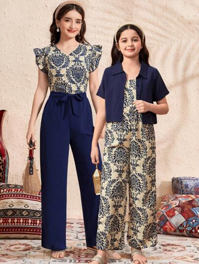 تيشيرتات بناتي مجموعة 2 قطعة من قميص أزرق كاجوال وبذلة رسمية مطبوعة بالزهور للفتيات في سن المراهقة، مناسبة للعطلات