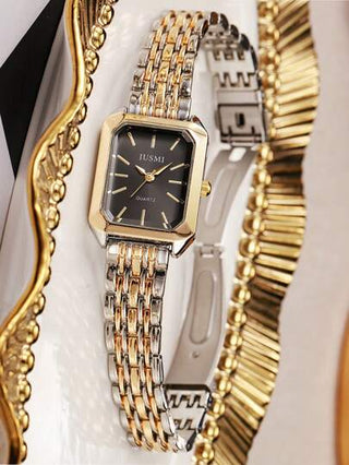 ساعة يد كوارتز ذات شريط معدني ذهبي مربع الطراز مجذب للموضة مناسب لهدايا عيد الميلاد وهدايا المراهقين وهدايا رأس السنة. 1 قطعة/مجموعة