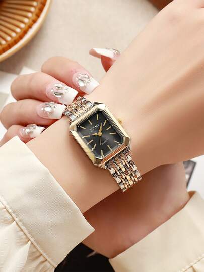 ساعة يد كوارتز ذات شريط معدني ذهبي مربع الطراز مجذب للموضة مناسب لهدايا عيد الميلاد وهدايا المراهقين وهدايا رأس السنة. 1 قطعة/مجموعة