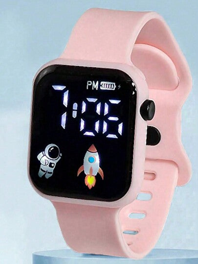 6 ساعة يد إلكترونية رقمية عرض مربع بطبعة الفضائي والصاروخ كرتونية، مجموعة هدية للطالبات