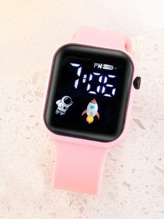 6 ساعة يد إلكترونية رقمية عرض مربع بطبعة الفضائي والصاروخ كرتونية، مجموعة هدية للطالبات