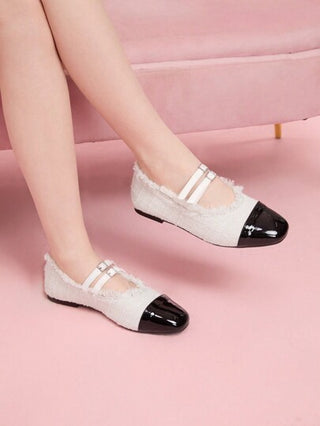 CUCCOO DOLLMOD الكلاسيكية لون سادة قطعة متعددة الألوان نمط فرنسي قديم جزمة مسطحة بمشبكين مزدوجين، برأس مدور