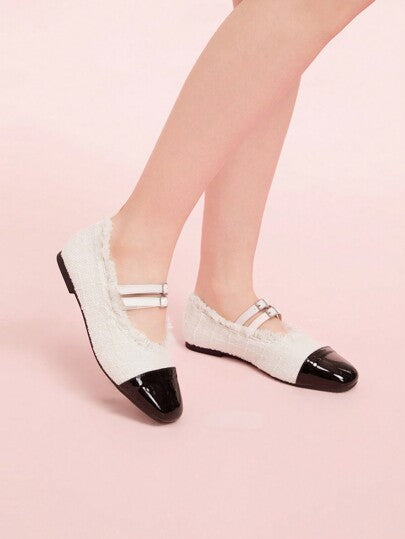 CUCCOO DOLLMOD الكلاسيكية لون سادة قطعة متعددة الألوان نمط فرنسي قديم جزمة مسطحة بمشبكين مزدوجين، برأس مدور