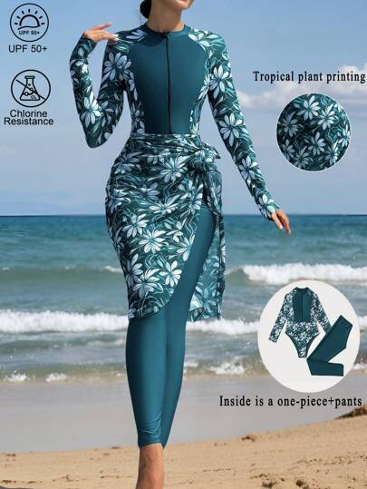 مايوه حريمي قطعة واحدة Swim Mulvari بدلة سباحة نسائية قطعة واحدة، لاسلكية، طباعة عشوائية، مجموعة مكونة من ثلاث قطع، دمج موحد اللون مع زهور، تحفظية، مع شورت وتنورة من الشبك، صيفية