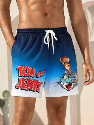 TOM & JERRY X SHEIN شورت شاطئ بخصر رباط مع رسم كرتوني أزرق التدرج اللوني، للاصطياف الصيفي، أسلوب هاواي