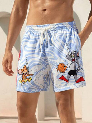 TOM & JERRY X SHEIN 1 قطعة شورت شاطئ بخصر رباط مزخرف بطباعة كرتونية زرقاء وبيضاء للرجال ذو طراز هاواي، للعطلات الصيفية
