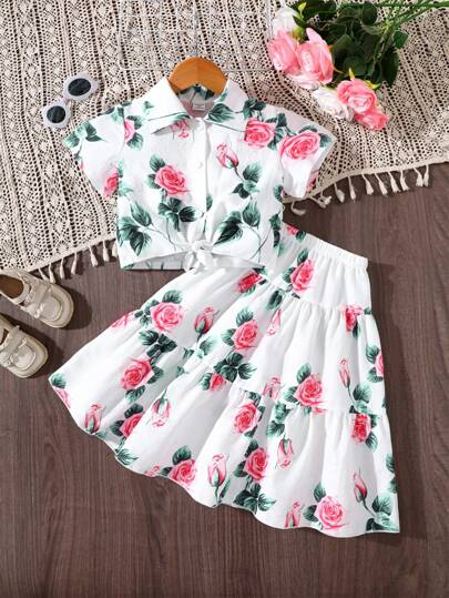 تيشيرتات بناتي مجموعة من قميص بطبعة زهرية ذو طية رقبة مجعدة وتنورة طويلة بطبعة زهرية ، مناسبة لعطلات الصيف على الشاطئ