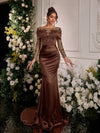 Glamrae ثوب ماكسي سواريه فاخر مطرز بالدانتيل الشفاف طويل الأكمام، من قماش الساتان المطاطي، بتصميم ذيل سمكة الحوت، مناسب لحضور حفلات الزفاف والمناسبات والإجازات والحفلات الرسمية المسائية، فستان حفلة
