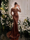 Glamrae ثوب ماكسي سواريه فاخر مطرز بالدانتيل الشفاف طويل الأكمام، من قماش الساتان المطاطي، بتصميم ذيل سمكة الحوت، مناسب لحضور حفلات الزفاف والمناسبات والإجازات والحفلات الرسمية المسائية، فستان حفلة