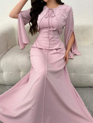 طقم حريمي قطعتين Modelyn طقم امرأة: بدلة جاكيت قصيرة أنيقة مرصعة بالراين وفستان مضبوط للحجم 2 قطعة، للربيع والصيف
