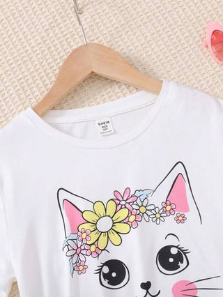 girls-sets مجموعة تي شيرت وبناطيل ضيقة مطبوعة بنمط القطط والرسومات الزهرية بأسلوب كاجوال وجميل للفتيات الصغيرات، قطعتان