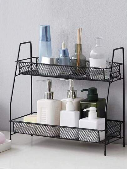 SHEIN قطعة واحدة رف حديدي مكون من طابقين لتخزين المطبخ ، رف عرض للمستحضرات التجميلية للمنضدة، رف للتوابل، سلة تخزين للمكتب، منظم تخزين للحمام والمستحضرات التجميلية، ملحقات تخزين الدش، المكتب المنزلي، ديكور المنزل، ديكور الغرفة، مناسبة للمطبخ والحمام...