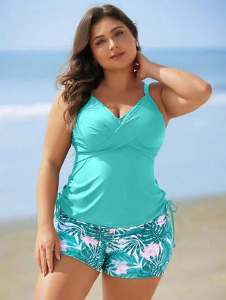 Swim Lushoire طقم بنطلون شورت ذو خصر عالي مطبوع بزهور وأعلى قطعة مع أربطة قابلة للتعديل، تصميم متواضع وممشق مناسب لحمامات السباحة والعطلات الصيفية، مقاس كبير للسيدات