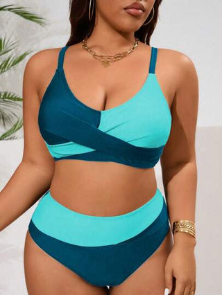 Swim Lushoire مجموعة بيكيني 2 قطعة للنساء بلس سايز، نمط رقعي متعدد الألوان، قميص كامي خصر عالي مناسب للأجازات والشاطئ الصيفي