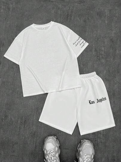 مجموعة تي شيرت كم قصير برقبة دائرية مع شورت خصر مرن للمراهقين - بتصميم رسوم جرافيتي وطباعة حروف، مناسبة للخريف والربيع والصيف، للعب في الهواء الطلق والمدرسة والتصوير الشارعي والحفلات والارتداء اليومي