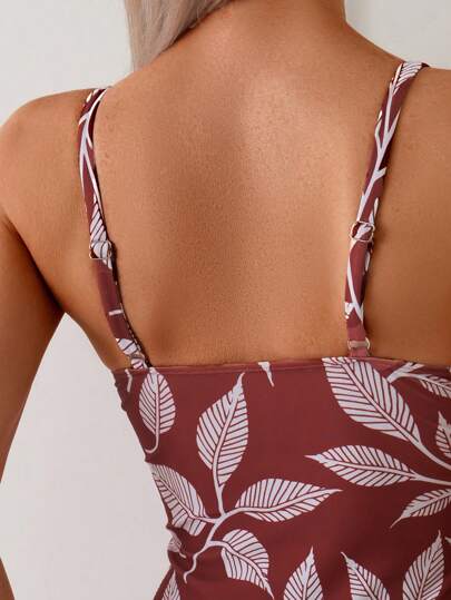 مايوه حريمي قطعة واحدة Swim قطعة واحدة من ملابس السباحة للنساء ذات الطبعة الورقية والياقة على شكل V العميق، أنيقة، لفصل الصيف