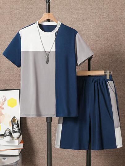 SHEIN مجموعة 2 قطعة بتصميم بسيط ذو لونين مناسب للمراهقين من القمصان والشورت الرياضية اليومية ، مناسب للارتداء اليومي والنشاطات الخارجية في الربيع والصيف