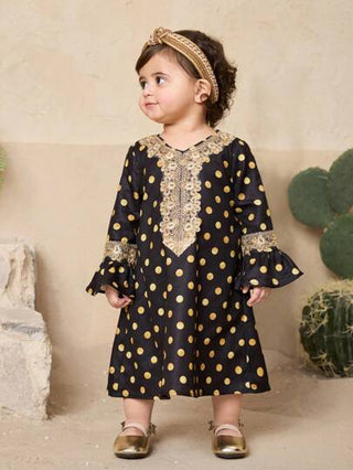 فساتين بيبي فستان سهرة طويل الأكمام أنيق بنقاط بيضاء على خلفية سوداء للبنات الصغار