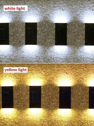 قطعتان من أضواء الحائط المضاءة ذات الشكل الفرابيزي الأسود توهج لأعلى وأسفل، أضواء ليد على الطاقة الشمسية للخارج مضادة للماء للسلالم والحوائط، موفرة للطاقة وسهلة التركيب، ديكور حديث مناسب لإضاءة منظر المنزل، الحديقة، ممر، شرفة، حمام السباحة، والحفلات العائ