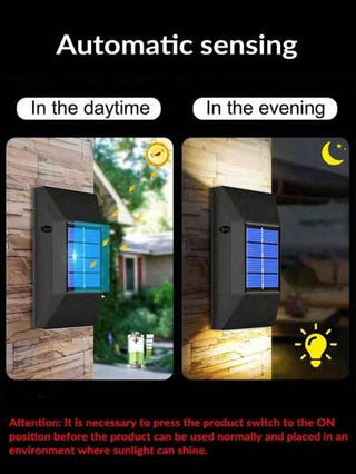 قطعتان من أضواء الحائط المضاءة ذات الشكل الفرابيزي الأسود توهج لأعلى وأسفل، أضواء ليد على الطاقة الشمسية للخارج مضادة للماء للسلالم والحوائط، موفرة للطاقة وسهلة التركيب، ديكور حديث مناسب لإضاءة منظر المنزل، الحديقة، ممر، شرفة، حمام السباحة، والحفلات العائ