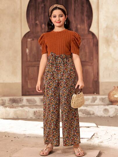 تيشيرتات بناتي جمبسوت مريحة للمراهقات بتصميم بسيط، ذات رقبة مستديرة وأكمام منتفخة، بتصميم رقعة ذو لون واحد