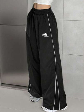 SHEIN بناطيل طويلة سوداء للمراهقات مع خطوط جانبية ورباط للخصر