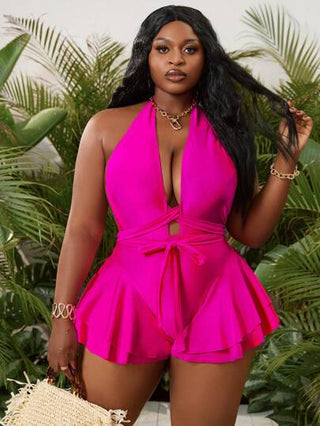 SHEIN Slayr CURVE بدلة سباحة من قطعة واحدة مقاس كبير مع كشكشة لإبراز الورك، لارتداء الحفلات الجريئة، للصيف والعطلات على الشاطئ