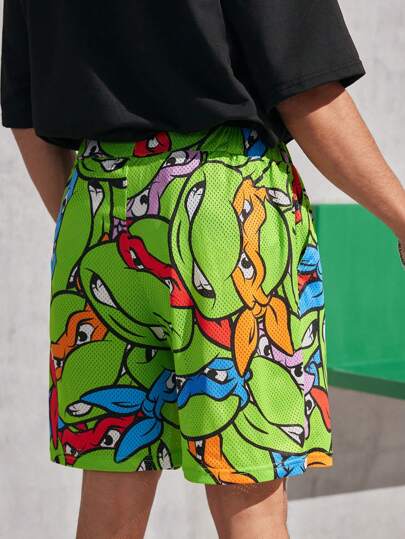 TEENAGE MUTANT NINJA TURTLES X SHEIN شورت رجالي فضفاض كاجوال مطبوع بنمط كامل مع شبكة