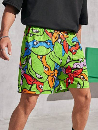 TEENAGE MUTANT NINJA TURTLES X SHEIN شورت رجالي فضفاض كاجوال مطبوع بنمط كامل مع شبكة